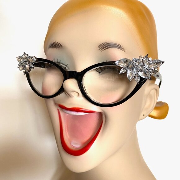 Retro Readers black frames with Clear Crystal rhinestones +2.25 reading glasses main image 6